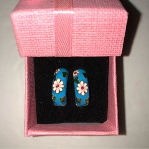 NEW! Blue Enamel Flower Gold Tone Huggie Hoop Pierced Earrings